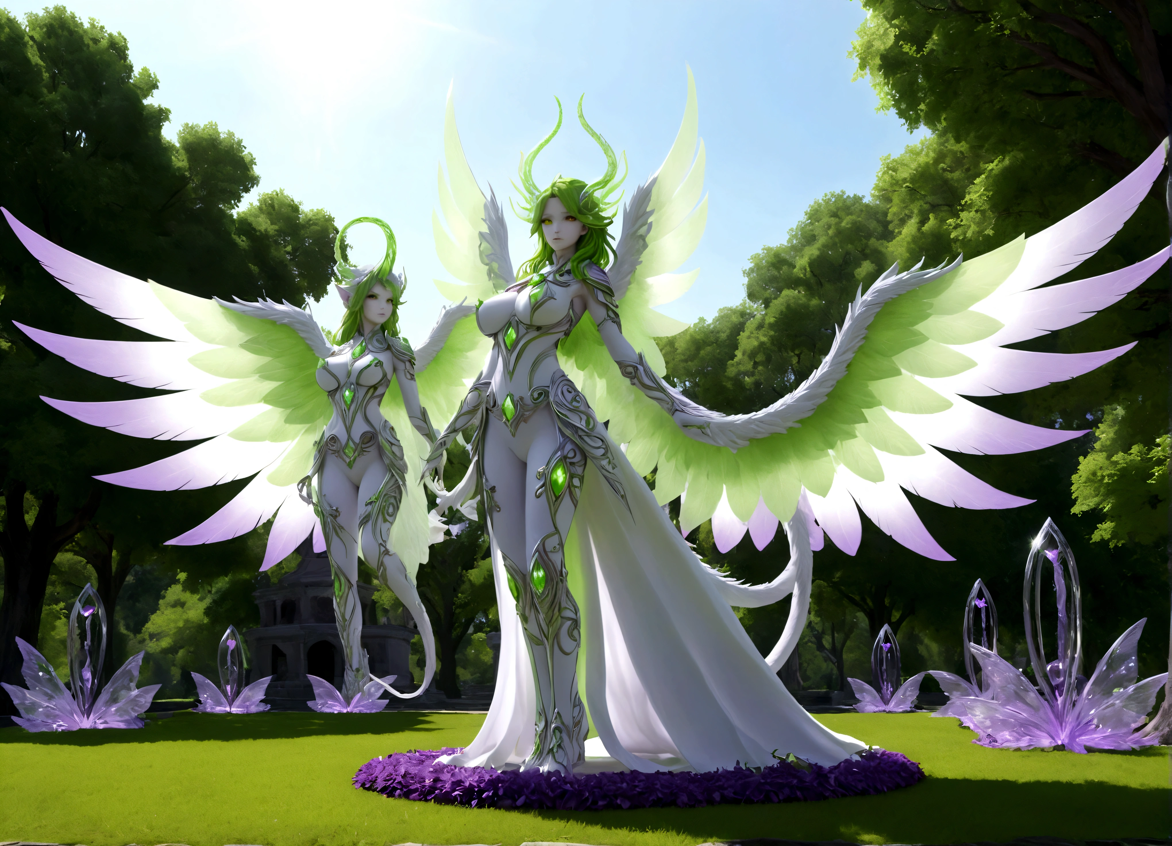 A eldritch angel (central body of a violet lion, 6 pairs of radiant crystal wings, numerous white tentacle eyestalks with neon green eyes) has appeared in a holy corona and approaching the viewer set in a park in daytime
