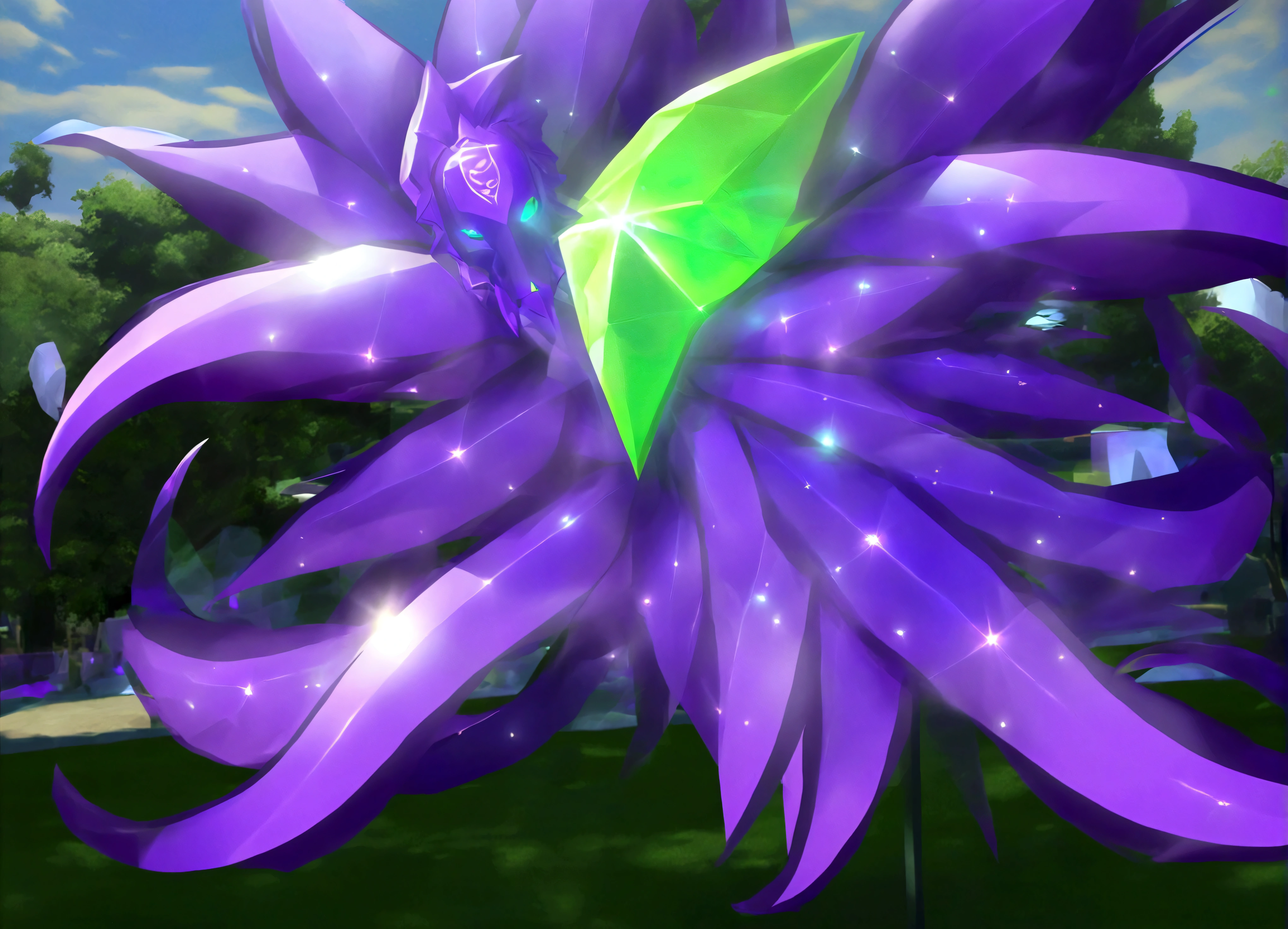 A eldritch angel (central body of a violet lion, 6 pairs of radiant crystal wings, numerous white tentacle eyestalks with neon green eyes) has appeared in a holy corona and approaching the viewer set in a park in daytime
