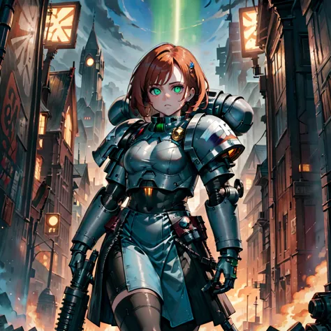 a beautiful ((Mature-Woman)). She has ginger hair and green eyes, adorned in a power armor with metallic blue and gray textures,...