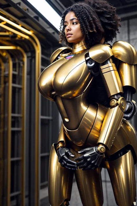 ((futuristic gold metal robot carries a naked woman in its arms)), jungle above, woman on robot hands is naked, curly black hair...