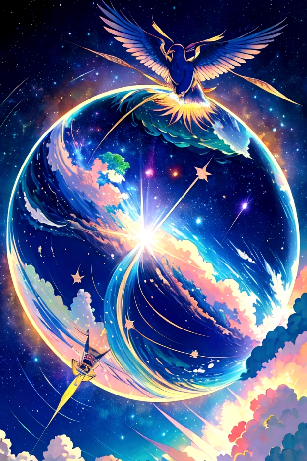 plane、虹色に光り輝くplane、虹色の空を飛ぶplane，colorful，beauttiful stars，wonderful景色，Utopia，An atmosphere full of dreams and hope，masterpiece．16K, Ultra-high resolution, Ultra-high resolution, to be born,wonderful ,future、Iridescent、The world 30 years from now。