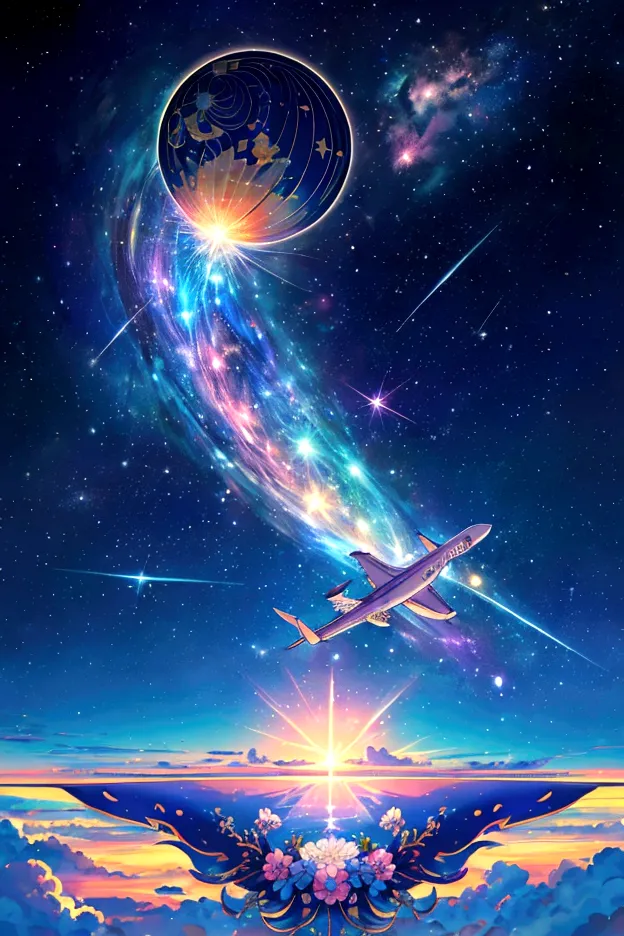 plane、虹色に光り輝くplane、虹色の空を飛ぶplane，colorful，beauttiful stars，wonderful景色，Utopia，An atmosphere full of dreams and hope，masterpiece．1...