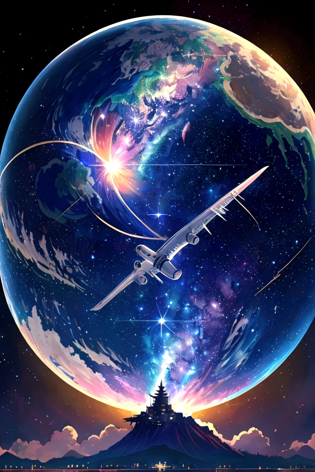 plane、A rainbow-colored, shining plane、A plane flying in the rainbow sky，colorful，beauttiful stars，wonderful view，utopia，An atmosphere full of dreams and hope，masterpiece．16K, Ultra-high resolution, Ultra-high resolution, to be born,wonderful ,future、iridescent、The world 30 years from now。