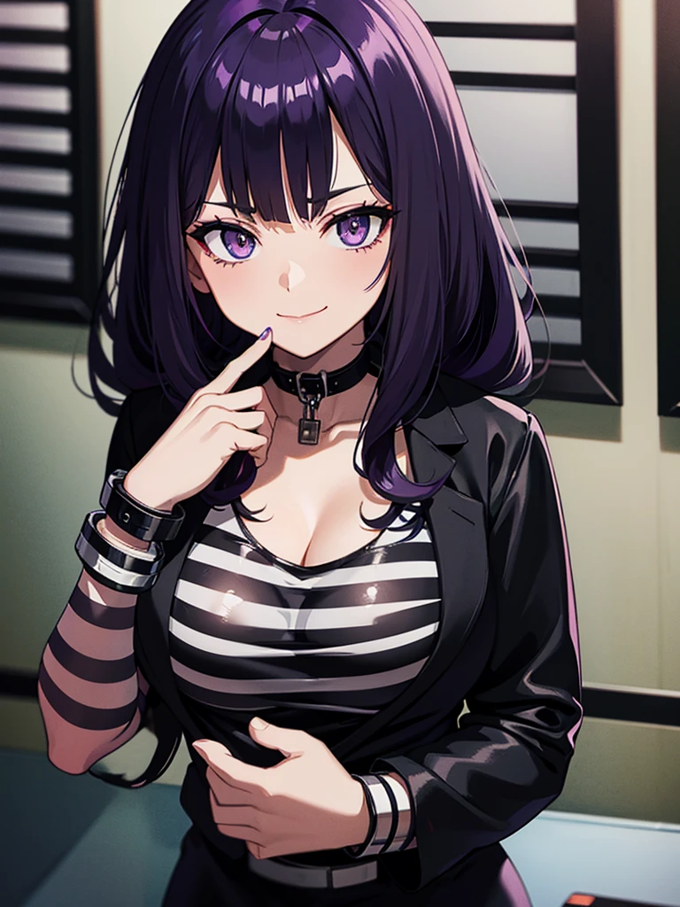 Mugshot, anime girl in black and white striped prisoner uniform, hands cuffed or chained, cleavage, big breasts, purple hair, evil smile, jail, cell, prison