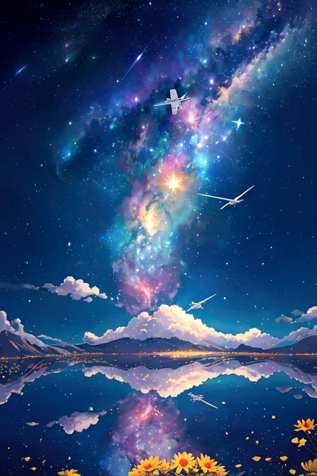 plane、虹色に光り輝くplane、虹色の空を飛ぶplane，colorful，beauttiful stars，wonderful景色，utopia，an atmosphere full of dreams and hope，masterpiece．1...