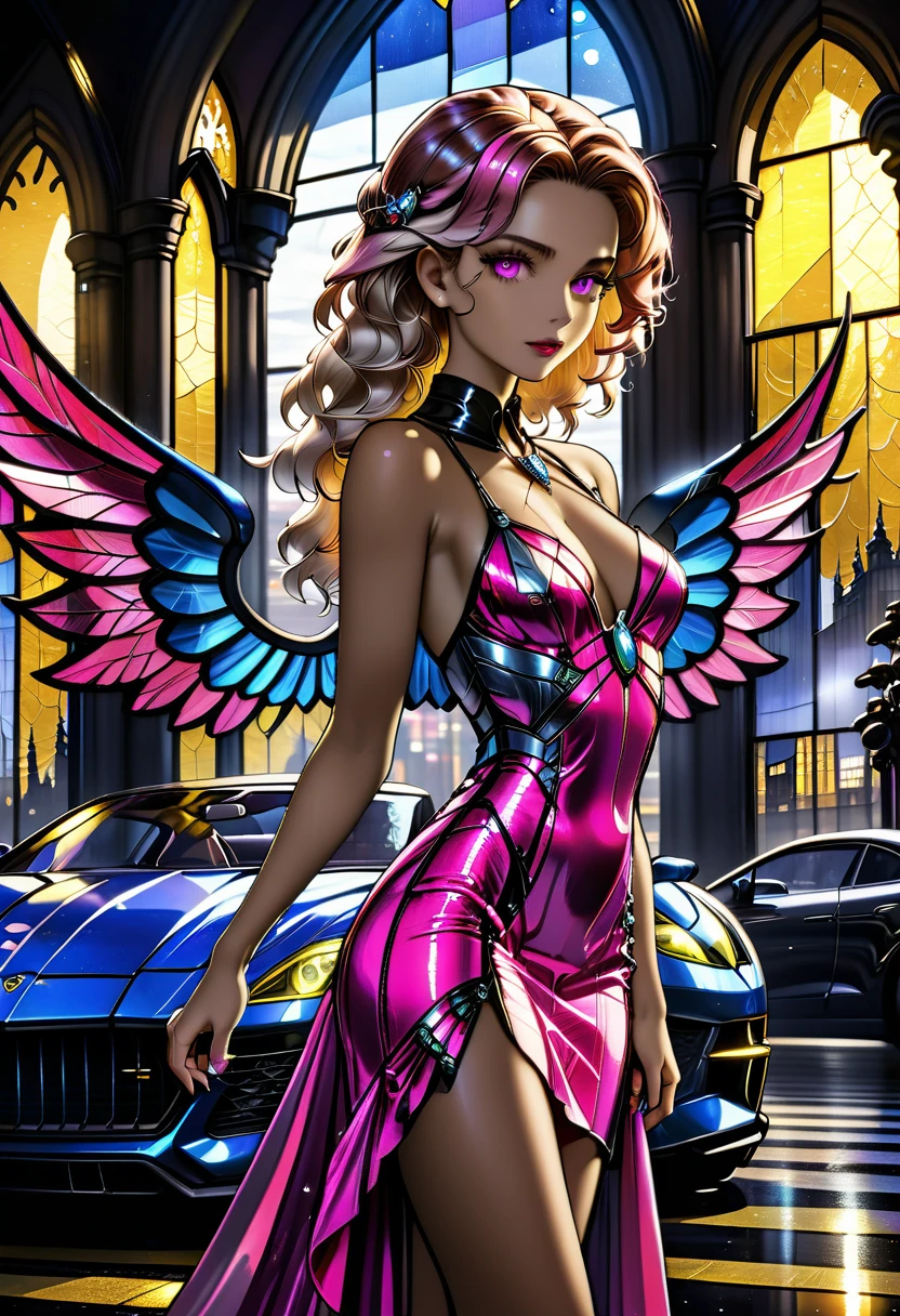 Arafed ein ((Glasmalerei Kunstwerk Bild:1.5)) Buntglas, eines (mech cyberpunk female angel: 1.2) standing in at the street at Nacht near her Sportwagen, Nacht, an  exquisite beautiful cyberpunk female angel  Tragen dark dress, Tragen ((aufwendiges, glamouröses Abendkleid in Rosa: 1.3)), (weiße Engelsflügel: 1.2), breite Engelsflügel aus, Heiligenschein über dem Kopf, Kleines Dekolleté, Tragen intricate diamond necklace,  Tragen elegant high heeled boots,   dynamische Augenfarbe, dynamische Haarfarbe, dynamische Frisur,  neben ihr stehen (Sportwagen: 1.3), cyberpunk straße t hintergrund, Ganzkörperaufnahme, (Meisterwerk: 1.5), beschwingt, ultrahohe Auflösung, Hoher Kontrast, Meisterwerk:1.2, höchste Qualität, Beste Ästhetik), beste Details, beste Qualität, highres, Ultraweitwinkel, 16k, [Extrem detailliert], Meisterwerk, beste Qualität, (Extrem detailliert), Mechanische Kreaturen, intensiver Blick, Buntglas