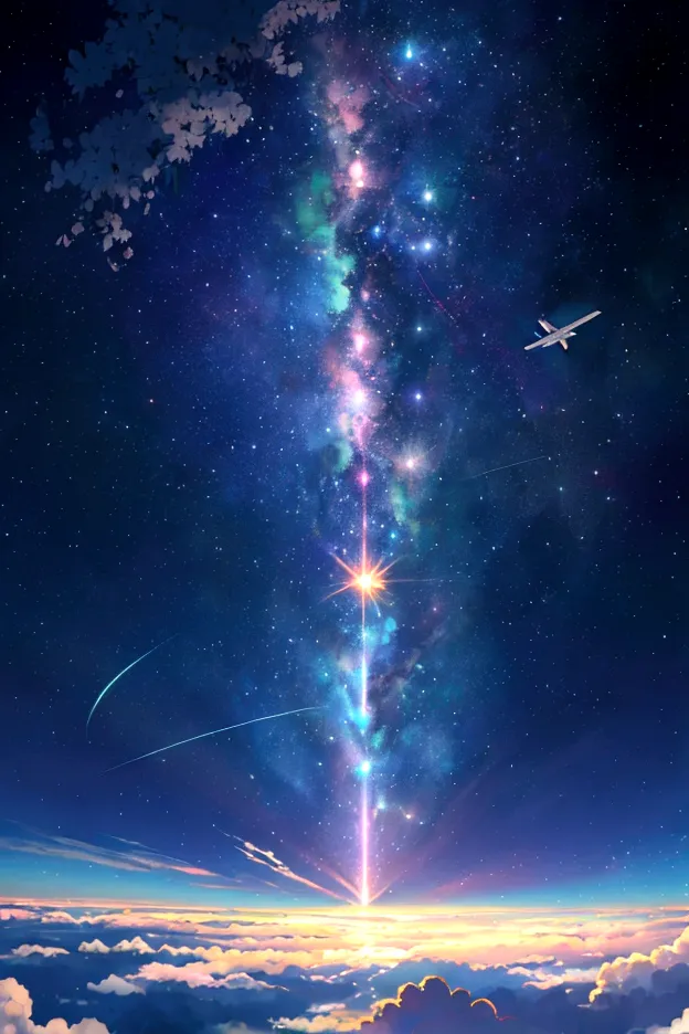 plane、虹色に光り輝くplane、虹色の空を飛ぶplane，colorful，beauttiful stars，wonderful景色，Utopia，An atmosphere full of dreams and hope，masterpiece．1...