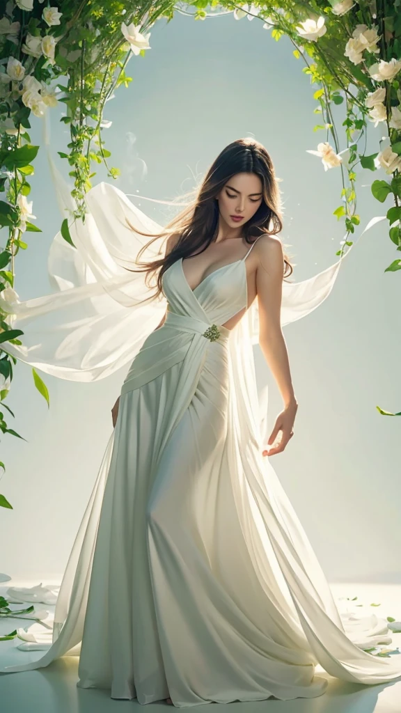 Megan fox, Light green and light white tone,full body, simple white background, nature lighting, lighting effect, minimalist, elegant, pure gentle, soft light, photorealistic. a women (collarbone, shoulders) posing (praying and standing) with The hyper-giant lotus with huge and long petals (petal made of a thin and soft tulle fabric, flowy petals fully background, floating petals, hyper-flying petals, smoke effect mix with petal), lotus dress.