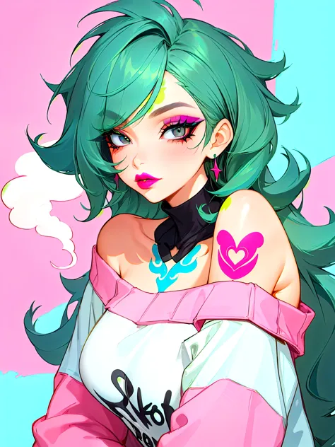 masterpiece, adult, pink themed room, woman with green to blue ombre hair, lipstick, tattoos, bangs, messy hair, eye shadow, smo...