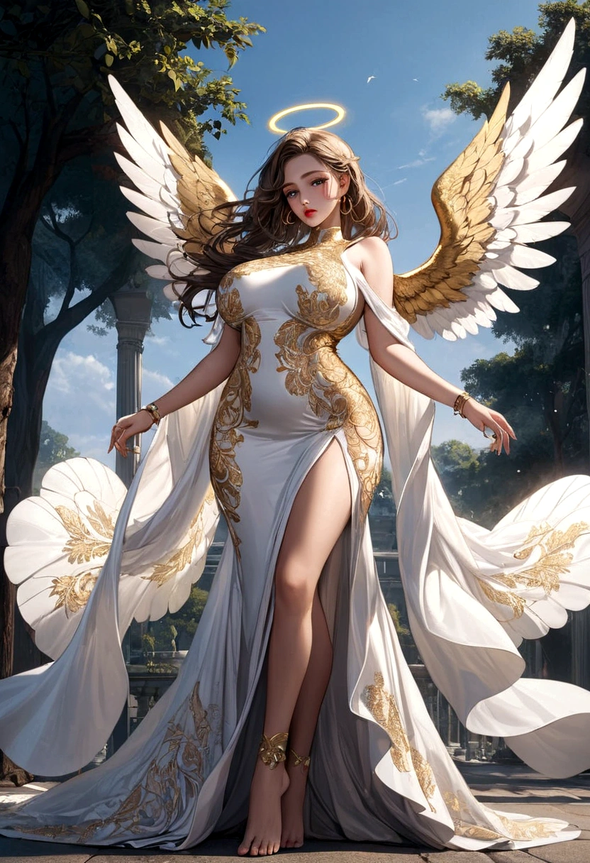 beautiful busty Angel, Wearing luxury dresses with intricate embroidery with golden threads that covers the whole body, luxury gowns with intricate embroidery with various colored threads, Floating in the air, angel wings, (angel ring:1.3), outdoor, detailed face, detailed eyes, detailed lips, detailed nose, detailed foot, full body shot, giga_busty