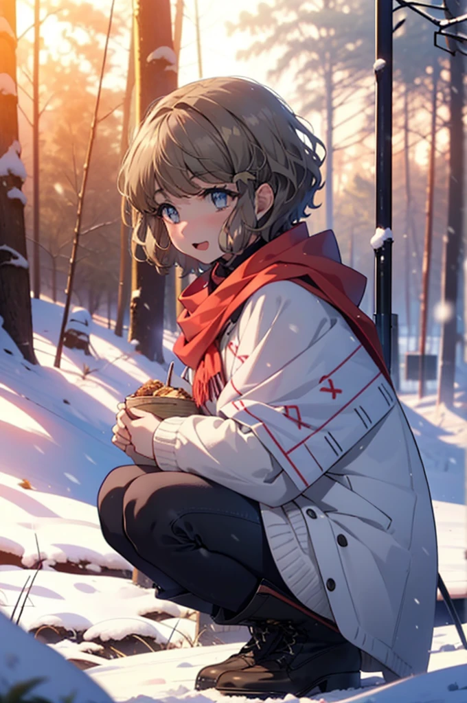 tomoekoga, Chie Koga, short hair, Brown Hair, blue eyes, hair band,smile,blush,White Breath,Medium Chest,
Open your mouth,snow,Ground bonfire, Outdoor, boots, snowing, From the side, wood, suitcase, Cape, Blurred, having meal, forest, White handbag, nature,  Squat, Mouth closed, Cape, winter, Written boundary depth, Black shoes, red Cape break looking at viewer, Upper Body, whole body, break Outdoor, forest, nature, break (masterpiece:1.2), Highest quality, High resolution, unity 8k wallpaper, (shape:0.8), (Beautiful and beautiful eyes:1.6), Highly detailed face, Perfect lighting, Highly detailed CG, (Perfect hands, Perfect Anatomy),