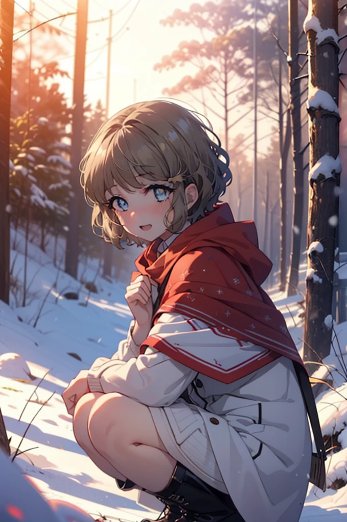 tomoekoga, Chie Koga, short hair, Brown Hair, blue eyes, hair band,smile,blush,White Breath,Medium Chest,
Open your mouth,snow,Ground bonfire, Outdoor, boots, snowing, From the side, wood, suitcase, Cape, Blurred, having meal, forest, White handbag, nature,  Squat, Mouth closed, Cape, winter, Written boundary depth, Black shoes, red Cape break looking at viewer, Upper Body, whole body, break Outdoor, forest, nature, break (masterpiece:1.2), Highest quality, High resolution, unity 8k wallpaper, (shape:0.8), (Beautiful and beautiful eyes:1.6), Highly detailed face, Perfect lighting, Highly detailed CG, (Perfect hands, Perfect Anatomy),