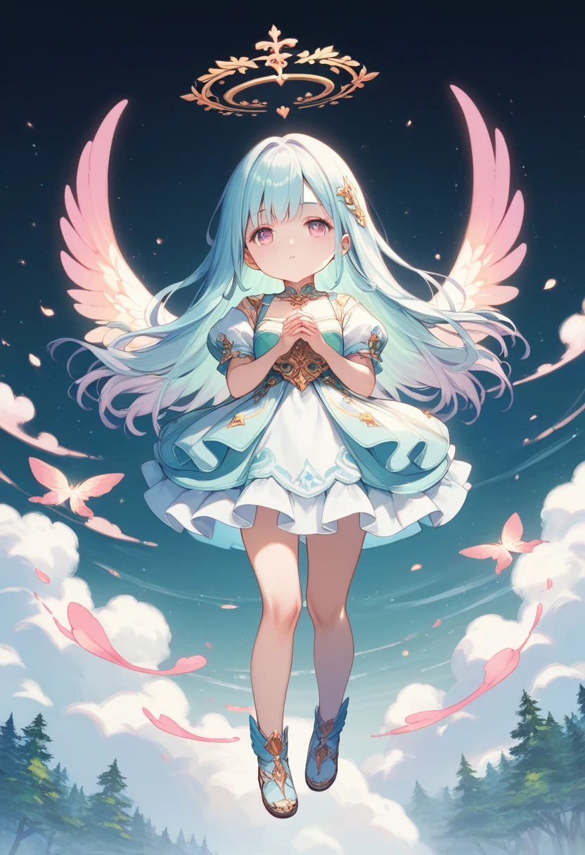 score_9, score_8_up, score_7_up, score_6_up, score_5_up, score_4_up, source_anime, 2.5D, fusion of watercolors and oil paintings, chibi, cute flying angels, heavenly forests, beautiful landscapes, soft and gentle effects, vivid and pastel colors