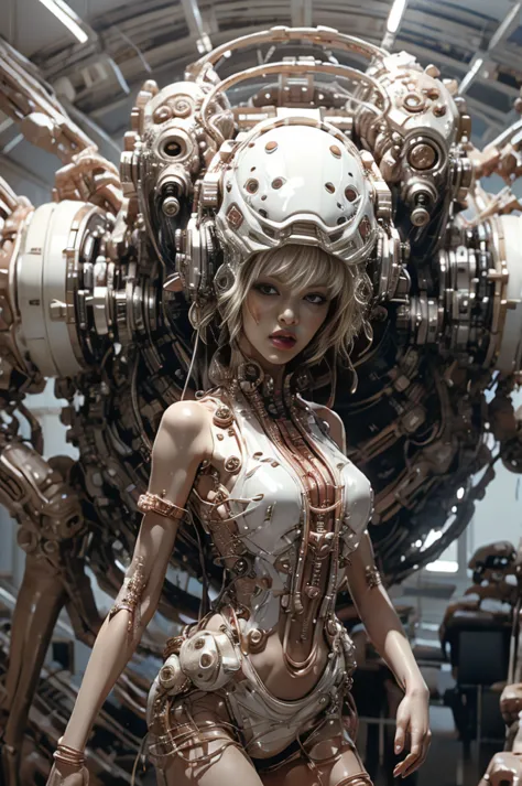 a full-length figure of a cool girl wearing a detailed mechanical armored suit. exposed wiring, lots of cords and tubes connecti...