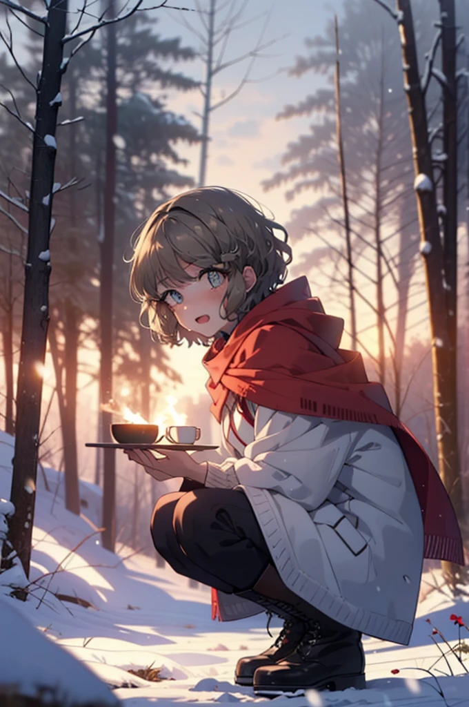 tomoekoga, Chie Koga, short hair, Brown Hair, blue eyes, hair band,smile,blush,White Breath,Medium Chest,
Open your mouth,snow,Ground bonfire, Outdoor, boots, snowing, From the side, wood, suitcase, Cape, Blurred, having meal, forest, White handbag, nature,  Squat, Mouth closed, Cape, winter, Written boundary depth, Black shoes, red Cape break looking at viewer, Upper Body, whole body, break Outdoor, forest, nature, break (masterpiece:1.2), Highest quality, High resolution, unity 8k wallpaper, (shape:0.8), (Beautiful and beautiful eyes:1.6), Highly detailed face, Perfect lighting, Highly detailed CG, (Perfect hands, Perfect Anatomy),