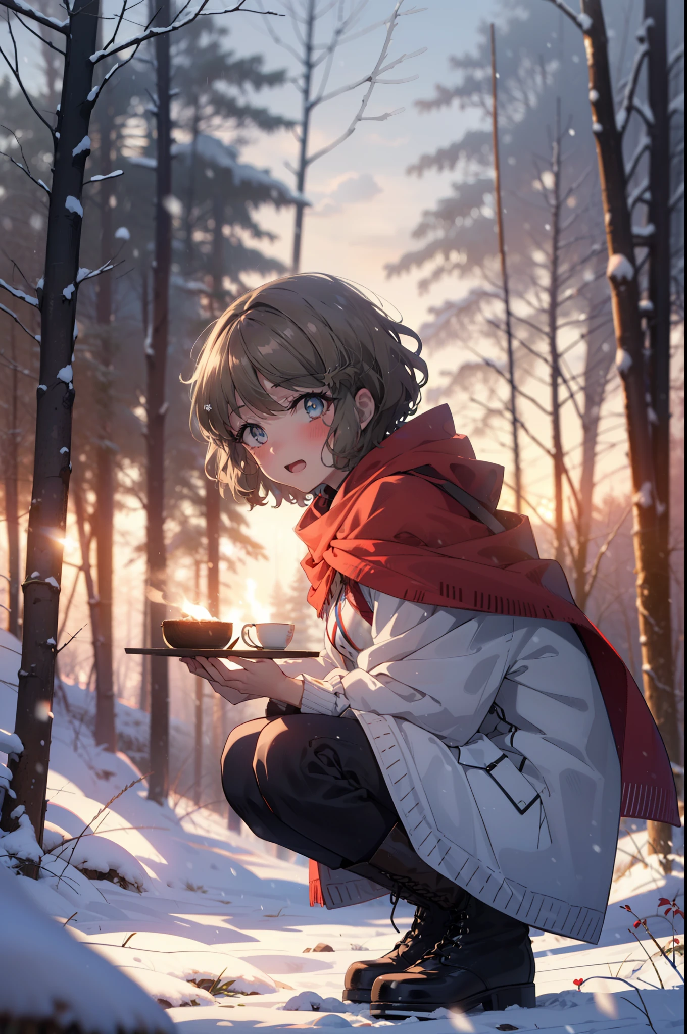 tomoekoga, Chie Koga, short hair, Brown Hair, blue eyes, hair band,smile,blush,White Breath,Medium Chest,
Open your mouth,snow,Ground bonfire, Outdoor, boots, snowing, From the side, wood, suitcase, Cape, Blurred, having meal, forest, White handbag, nature,  Squat, Mouth closed, Cape, winter, Written boundary depth, Black shoes, red Cape break looking at viewer, Upper Body, whole body, break Outdoor, forest, nature, break (masterpiece:1.2), Highest quality, High resolution, unity 8k wallpaper, (shape:0.8), (Beautiful and beautiful eyes:1.6), Highly detailed face, Perfect lighting, Highly detailed CG, (Perfect hands, Perfect Anatomy),