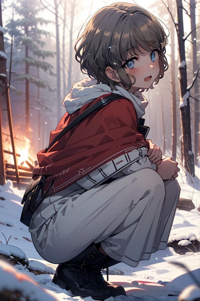 tomoekoga, Chie Koga, short hair, Brown Hair, blue eyes, hair band,smile,blush,White Breath,Medium Chest,
Open your mouth,snow,Ground bonfire, Outdoor, boots, snowing, From the side, wood, suitcase, Cape, Blurred, having meal, forest, White handbag, nature,  Squat, Mouth closed, Cape, winter, Written boundary depth, Black shoes, red Cape break looking at viewer, Upper Body, whole body, break Outdoor, forest, nature, break (masterpiece:1.2), Highest quality, High resolution, unity 8k wallpaper, (shape:0.8), (Beautiful and beautiful eyes:1.6), Highly detailed face, Perfect lighting, Highly detailed CG, (Perfect hands, Perfect Anatomy),