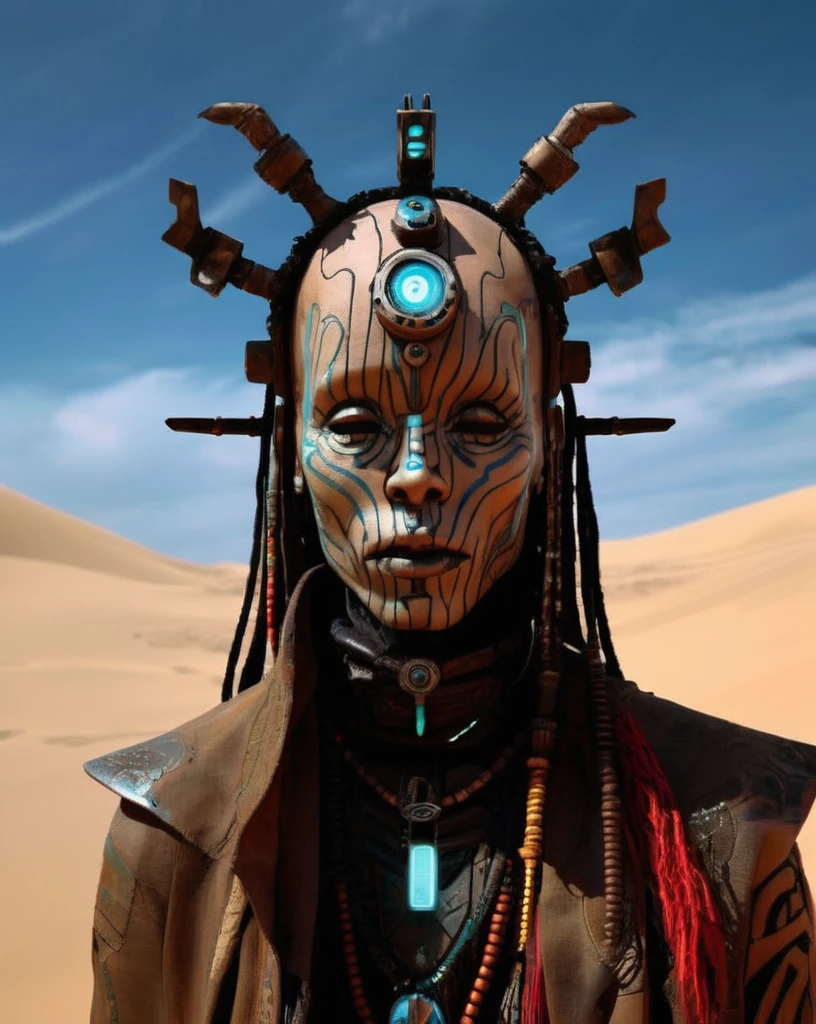 Echoes , high quality photo of a mistic shaman cyberpunk in a Dune's scene,  portrait of a futuristic shaman voodoo master cyborg,