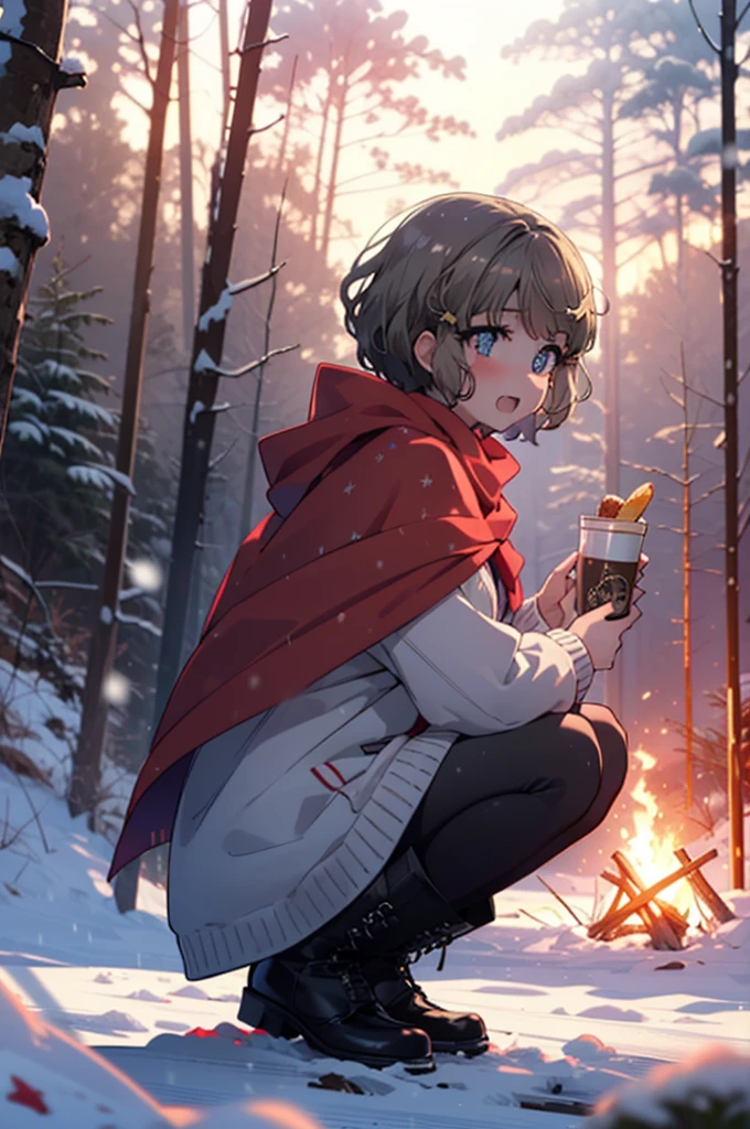 tomoekoga, Chie Koga, short hair, Brown Hair, blue eyes, hair band,smile,blush,White Breath,Medium Chest,
Open your mouth,snow,Ground bonfire, Outdoor, boots, snowing, From the side, wood, suitcase, Cape, Blurred, having meal, forest, White handbag, nature,  Squat, Mouth closed, Cape, winter, Written boundary depth, Black shoes, red Cape break looking at viewer, Upper Body, whole body, break Outdoor, forest, nature, break (masterpiece:1.2), Highest quality, High resolution, unity 8k wallpaper, (shape:0.8), (Beautiful and beautiful eyes:1.6), Highly detailed face, Perfect lighting, Highly detailed CG, (Perfect hands, Perfect Anatomy),