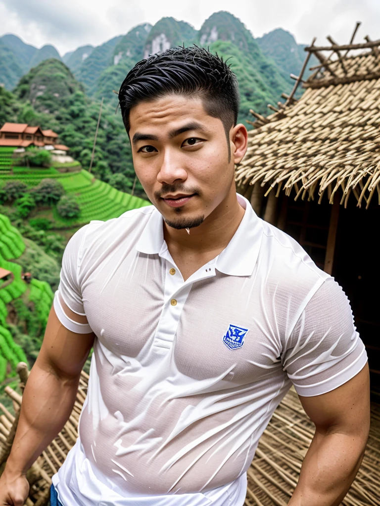 solo , 1 personne , Portrait of a handsome Asien rugby player with short hair, une barbe musclée, Gros muscles, Porter un polo blanc, mouillé, En plein air, rizière, campagne, cabane, Thaïlande, Laos, Birmanie, Asie.