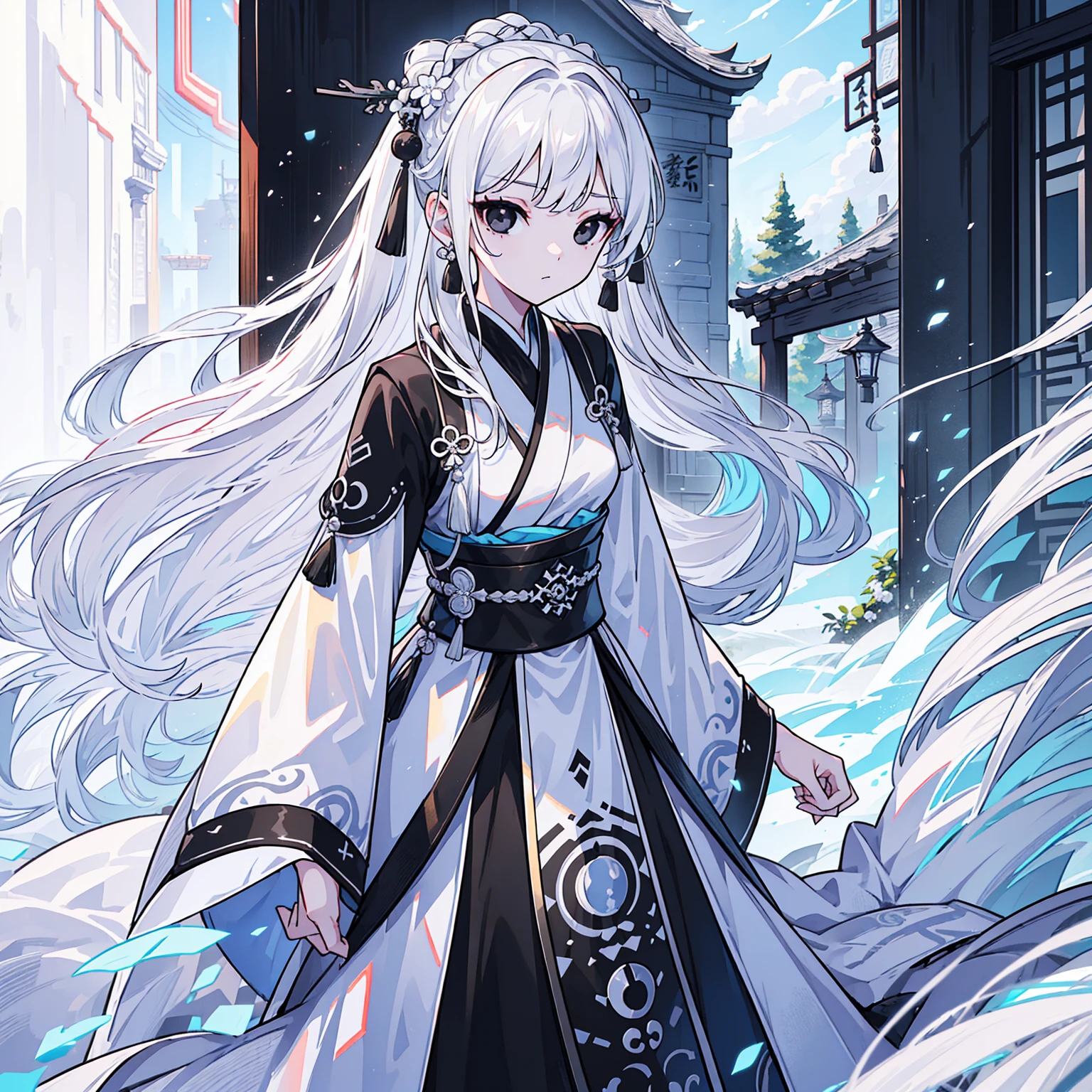 (Top image quality)、(Ultra Detailed)、(Facing forward)、top quality、masterpiece、((((1 girl))))、Silver Hair、white hair、((Long hair))、(black eyes:1.6)、(Hanfu)