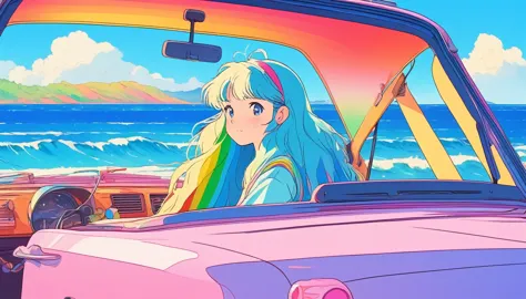 masterpiece, Highest quality, Rainbow Style, anime, A cute girl, - inspired, Sitting in a car, 80s American hippie style, Along ...