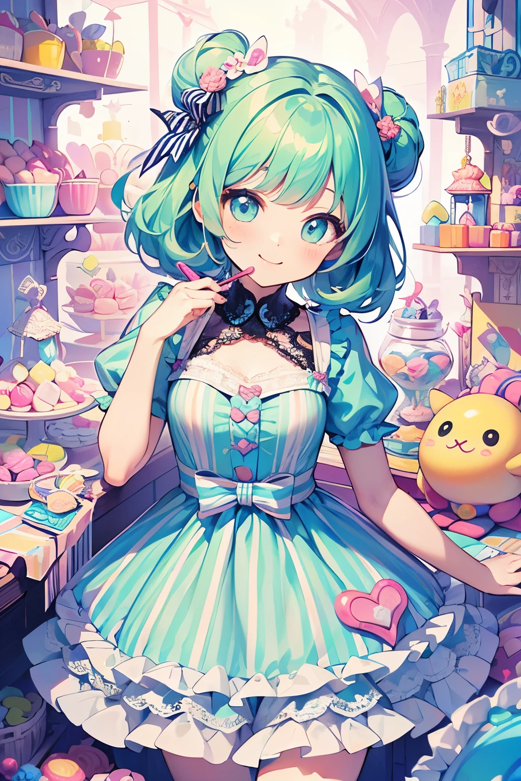 chibi character,Circus motif,(brush),((cute,kawaii,wonderland)),((pastel color)),((Cute assortment)),(smile、looks fun),((Lots of toys and sweets:1.1)),((Cute frill and lace striped dress:1.3)),Shiny hair,(Natural Color),((:1.2)),(Fairytale:1.25).