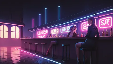 score_9, score_8_up, score_7_up, a picturesque long shot of a bar, neon colors, vintage artstyle, hard lighting, dark compositio...