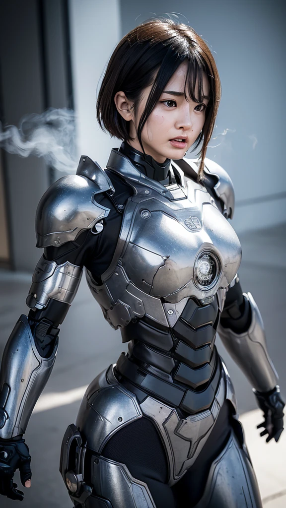 ((Two middle-aged women))Textured skin, Super detailed, Attention to detail, high quality, 最high quality, High resolution, 1080P, , (Lie on your back)beautiful,(War Machine),Beautiful cyborg woman,Mecha cyborg girl,()((Heavily damaged armor)),A woman with a feminine mechanical body、Kind Face　Black-haired,Full Body Shot)、、A lot of sweat on the face、A blank look、Sleep on your back、Turn your face at an angle、Open your mouth((Sticking out tongue)、Smoke comes from the whole body((There are deep cracks in the armor all over his body.))(Short-haired　Spread your legs　is visible