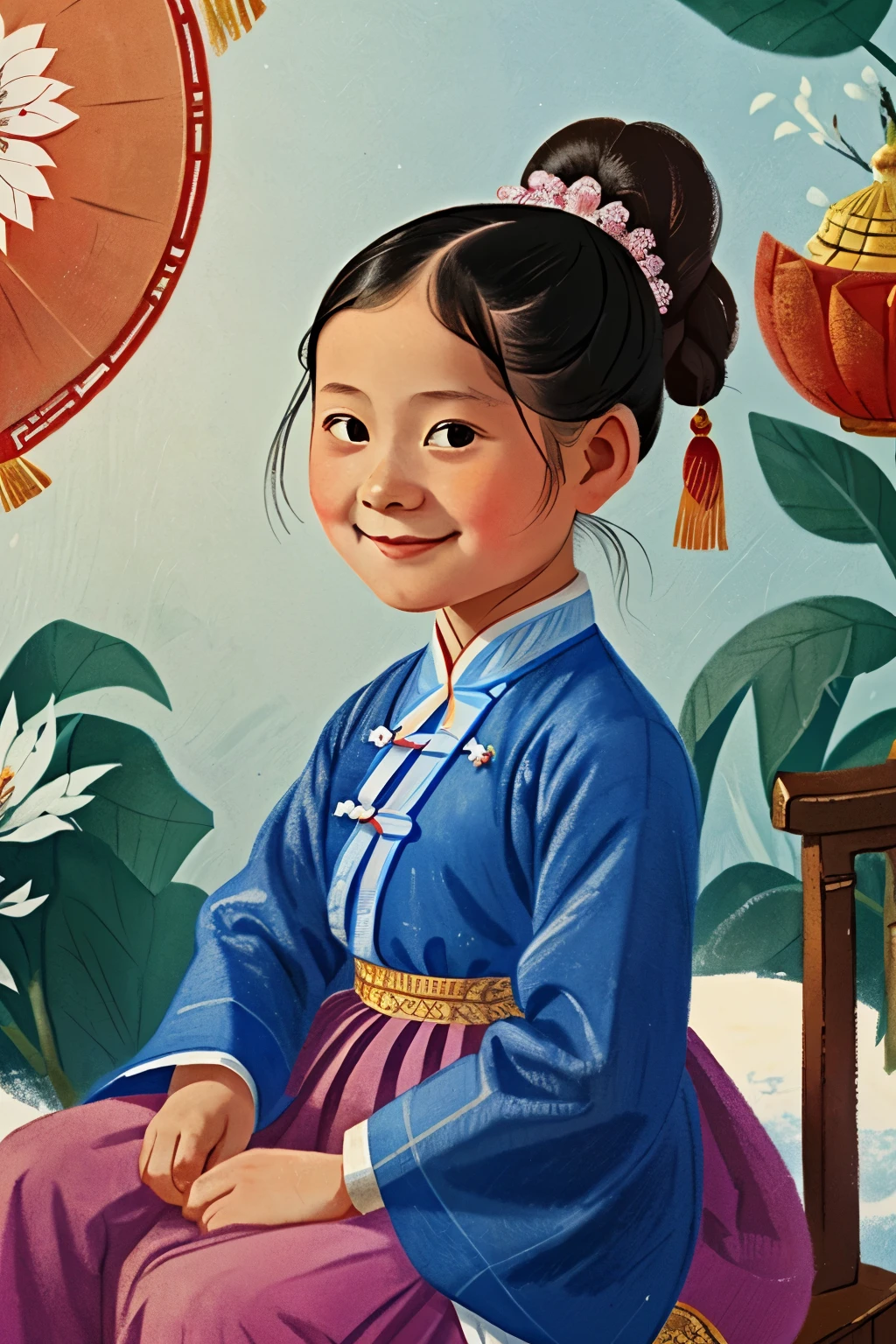 Puwei, China, 1830. A little ((((7-year-old)) SnowFlower)), girl, pale, beautiful, in a fair, ((smug smile)), ((((chinese clothings from the 1830s)))), ((hairstyle of the 1830s)), ((colorful))