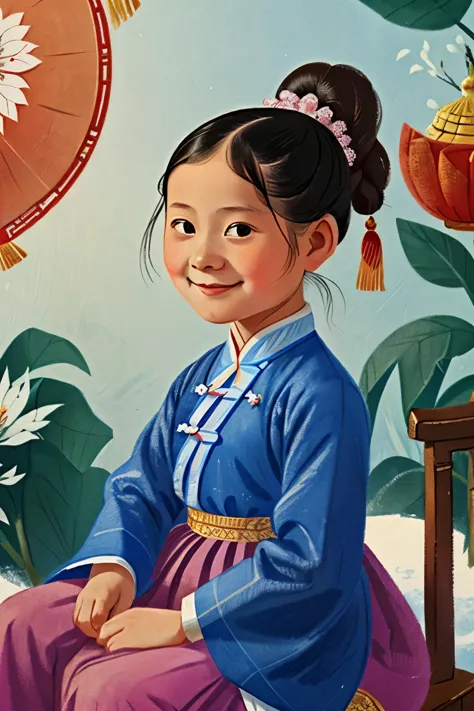 puwei, china, 1830. a little ((((7-year-old)) snowflower)), girl, pale, beautiful, in a fair, ((smug smile)), ((((chinese clothi...