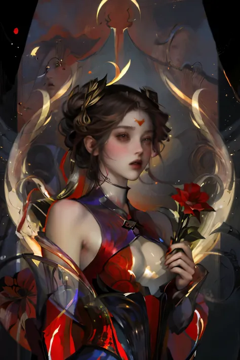 (masterpiece, best quality:1.2), 1 girl, solitary,Pretty Face，Red Fatism Art Nouveau，Illustration style，Black and red，Flowers



