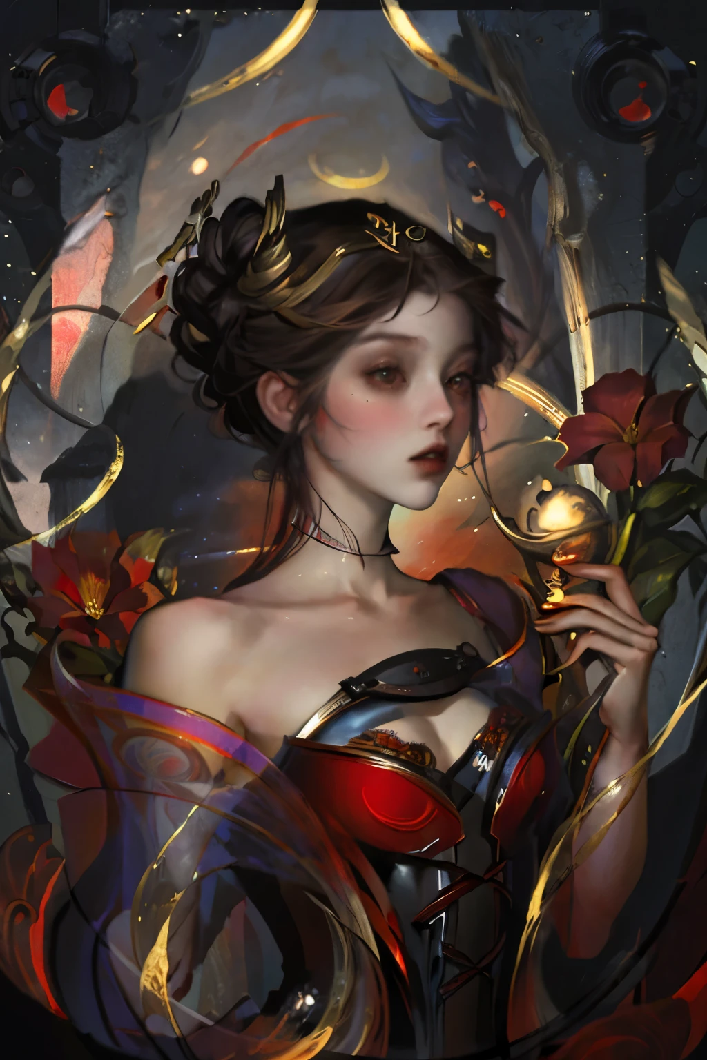 (masterpiece, best quality:1.2), 1 girl, solitary,Pretty Face，Red Fatism Art Nouveau，Illustration style，Black and red，Flowers


