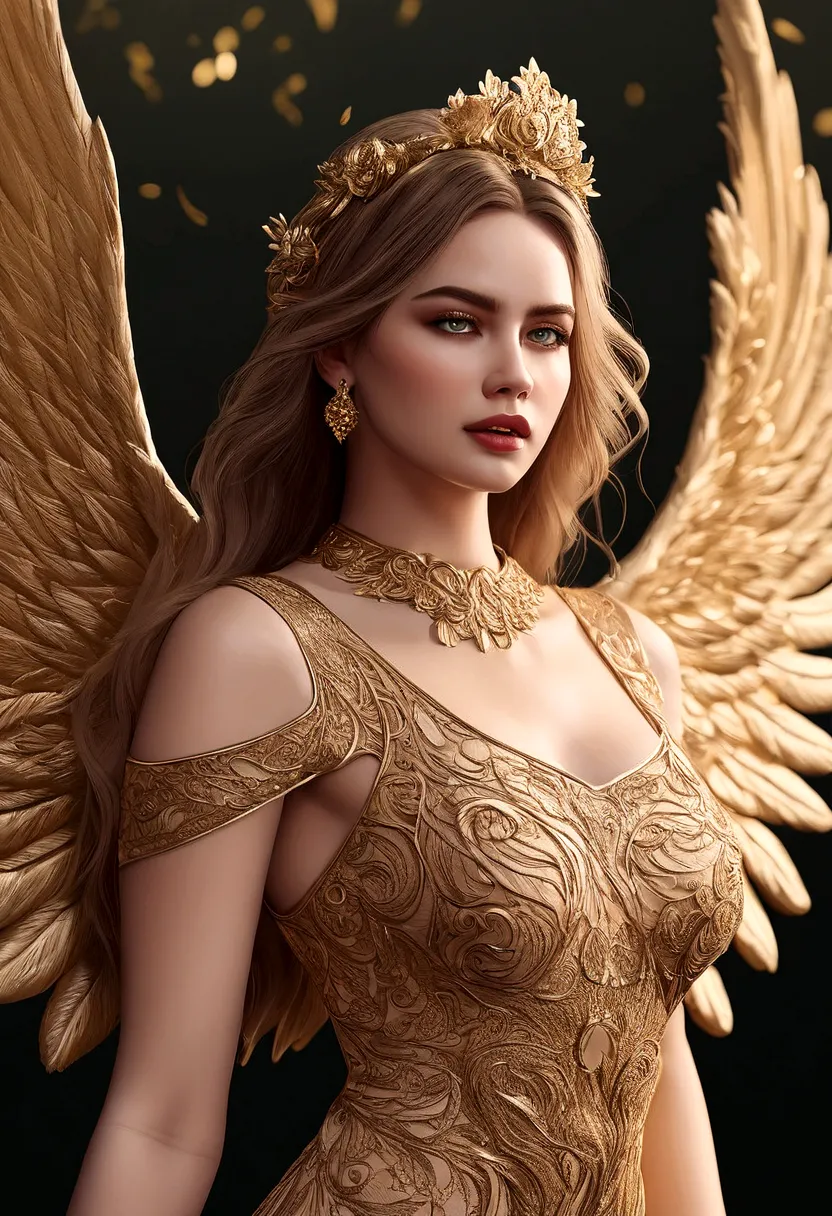 beautiful busty Angel, Wearing luxury dresses with intricate embroidery with golden threads that covers the whole body, luxury g...