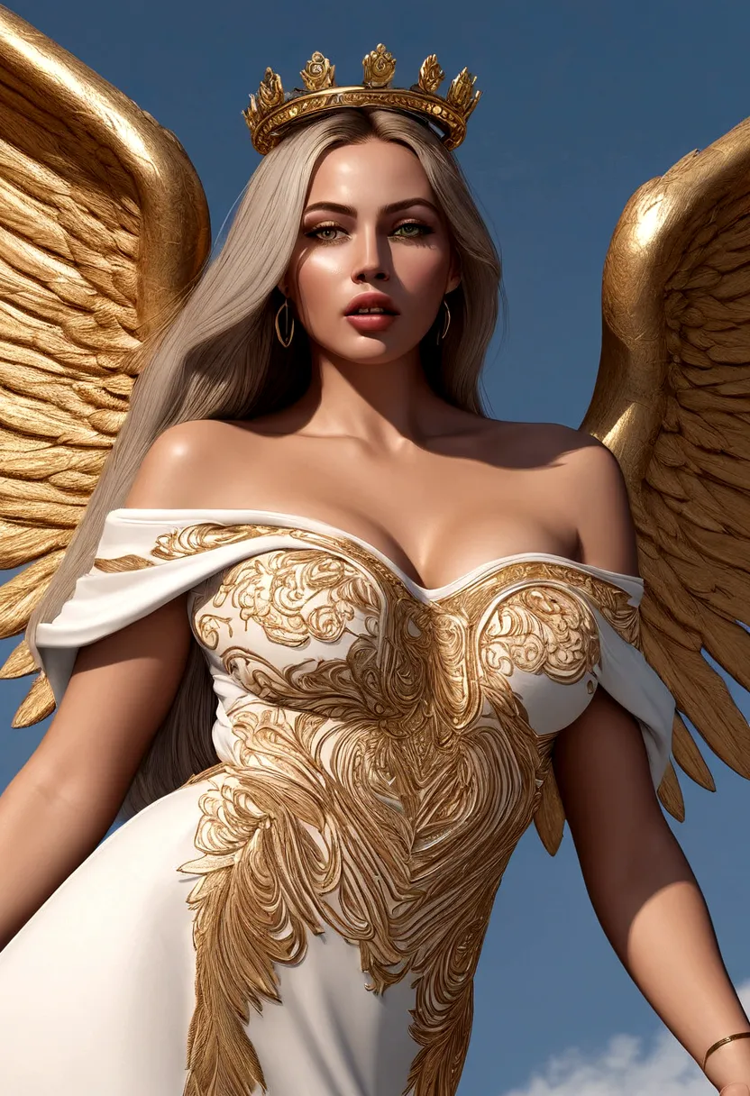 beautiful busty Angel, Wearing luxury dresses with intricate embroidery with golden threads that covers the whole body, luxury g...