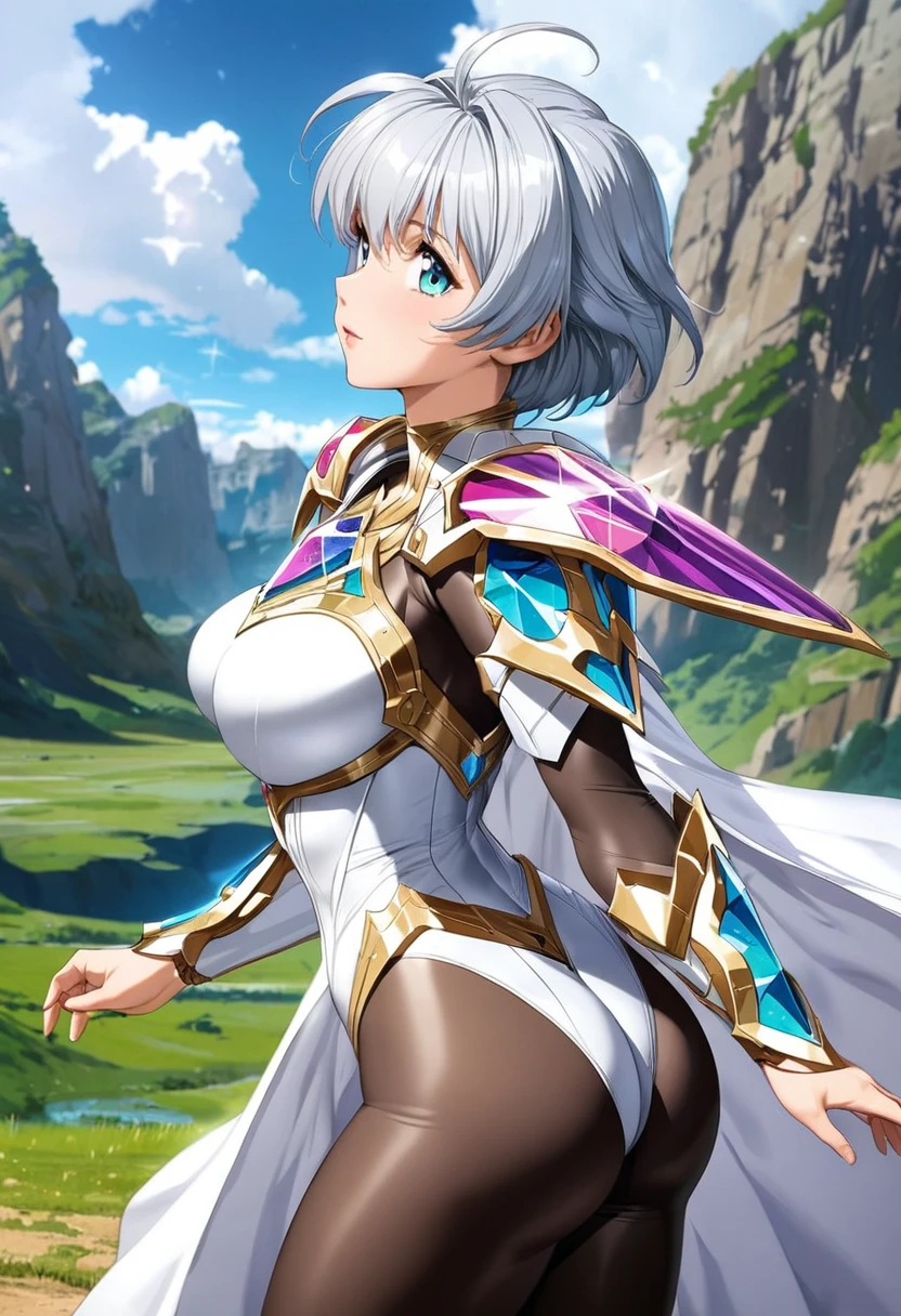 ((highest quality)), ((masterpiece)), ((hyperrealistic)), (detailed background), shoot from side, anime style, solo, 1girl, langrisser, ((curvy: 1.2)), kawaii, ((magic jewel armor: 1.3)), silver short hair, ahoge, (white paladin armor), ((high neck leotard bodysuit)), ((large breasts)), ((arm guard gauntlet)), (breastplate), waist armor, ((see-through black bodystocking)), (big butt), perfect cloak, beautiful aqua eyes, perfect face, Perfect hands, perfect fingers, Blue sky and grassland,