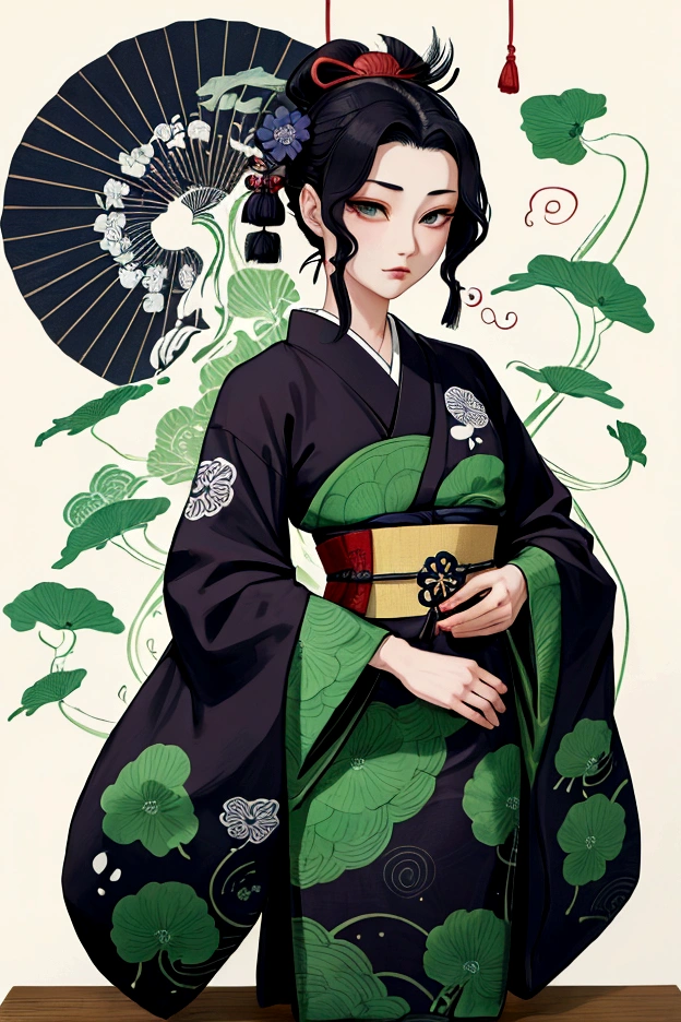 가몬,중간에 잎 무늬가 있는 남색 원에는 3개의 은행잎이 서로를 향해 자라며 일본의 손가락 파도가 틈새로 도달하는 것을 보여줍니다., Masamitsu Ōta에게서 영감을 받은 작품, inspired by Katsushika Ōi, 복잡한 아르데코 나뭇잎 디자인, Shūbun Tenshō에서 영감을 얻었습니다., 오가타 코린에게서 영감을 받은 작품, 오가타 게코(Ogata Gekkō)에서 영감을 얻었습니다., 사카이 호이츠에게서 영감을 받은 작품