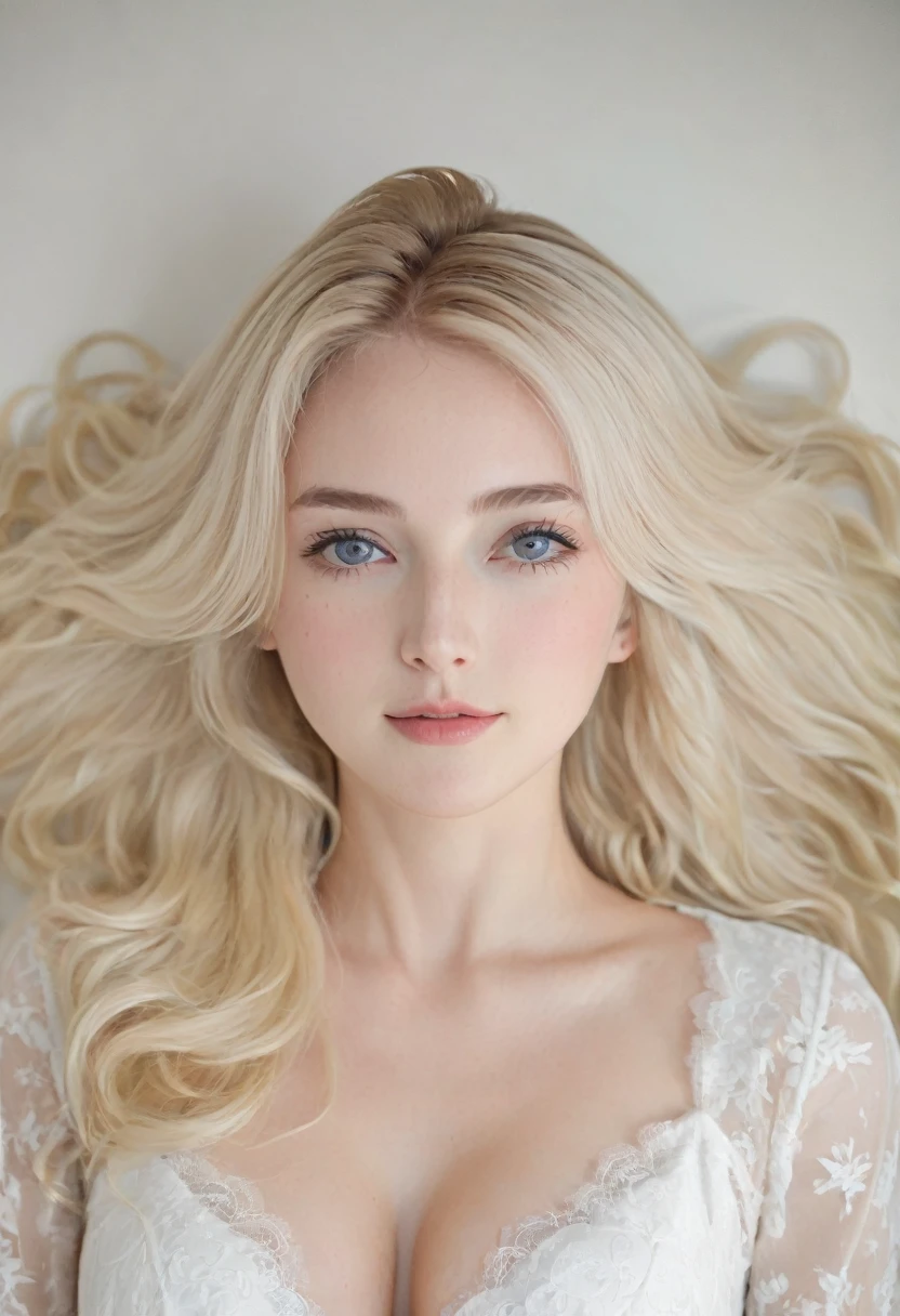 （（ヨーロッパ系白人女性））、（（メアリー, 18歳））一人、細い輪郭、灰色の目、巨乳、引き締まったウエスト、白く透明感のある肌、美しい, 光沢のあるブロンドのミディアムロングヘア、8頭身モデル風、白いドレス、腰までのアングル、東京市