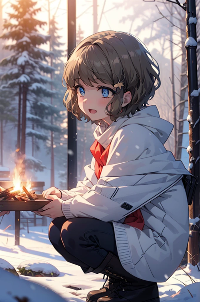 tomoekoga, Chie Koga, short hair, Brown Hair, blue eyes, hair band,smile,blush,White Breath,Medium Chest,
Open your mouth,snow,Ground bonfire, Outdoor, boots, snowing, From the side, wood, suitcase, Cape, Blurred, having meal, forest, White handbag, nature,  Squat, Mouth closed, Cape, winter, Written boundary depth, Black shoes, red Cape break looking at viewer, Upper Body, whole body, break Outdoor, forest, nature, break (masterpiece:1.2), Highest quality, High resolution, unity 8k wallpaper, (shape:0.8), (Beautiful and beautiful eyes:1.6), Highly detailed face, Perfect lighting, Highly detailed CG, (Perfect hands, Perfect Anatomy),