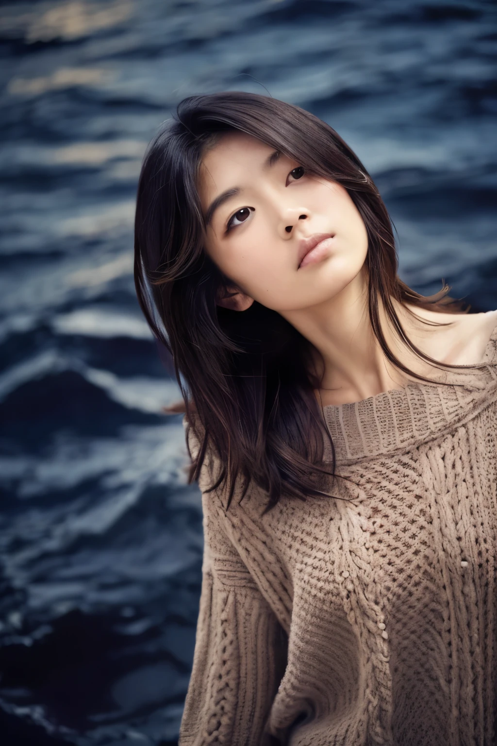 (knitwear), (top-quality, masterpiece:1.3, Super high resolution), (Photorealsitic:1.4, RAW shooting), Ultra-realistic capture, A highly detailed, high-definition 16K for human skin, Wistful, A skinny Japanese woman, 30 years old, cute face, ((Sadness face)), detailed face, detailed eyes, ((correct anatomy)), A dark-haired, Middle hair, ((Background of the sea in a starry night)), (((looking up afar at starry sky))), hair blowing in the wind