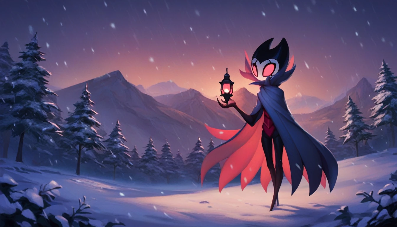 score_9, score_8_up, score_7_up, score_6_up, zPDXL2, grimm \(hollow knight\), vampire, bat, 1boy, solo, cute face, detailed eyes, anthro, landscape, highlight thighs, It's snowing outside, it's night, a lamp is on nearby, outdoor, winter coat, (dynamic poses) 