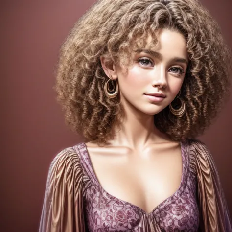 1 beautiful girl poster, bust shot, early teens, brown curly hair, floral dress, earrings, fashionable, 8k, masterpiece,