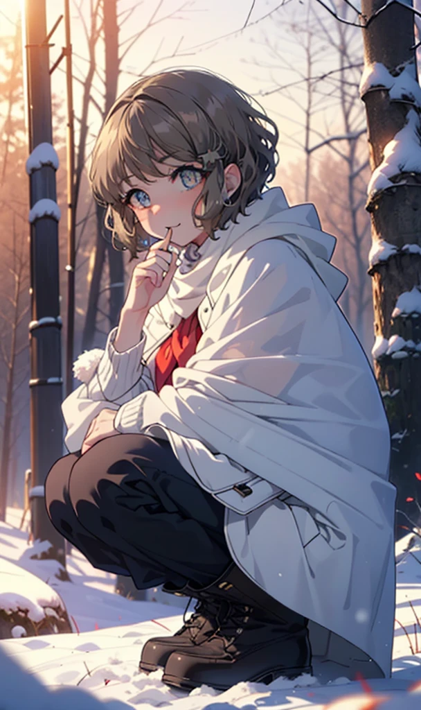 tomoekoga, Chie Koga, short hair, Brown Hair, blue eyes, hair band,smile,blush,White Breath,Medium Chest,
Open your mouth,snow,Ground bonfire, Outdoor, boots, snowing, From the side, wood, suitcase, Cape, Blurred, having meal, forest, White handbag, nature,  Squat, Mouth closed, Cape, winter, Written boundary depth, Black shoes, red Cape break looking at viewer, Upper Body, whole body, break Outdoor, forest, nature, break (masterpiece:1.2), Highest quality, High resolution, unity 8k wallpaper, (shape:0.8), (Beautiful and beautiful eyes:1.6), Highly detailed face, Perfect lighting, Highly detailed CG, (Perfect hands, Perfect Anatomy),