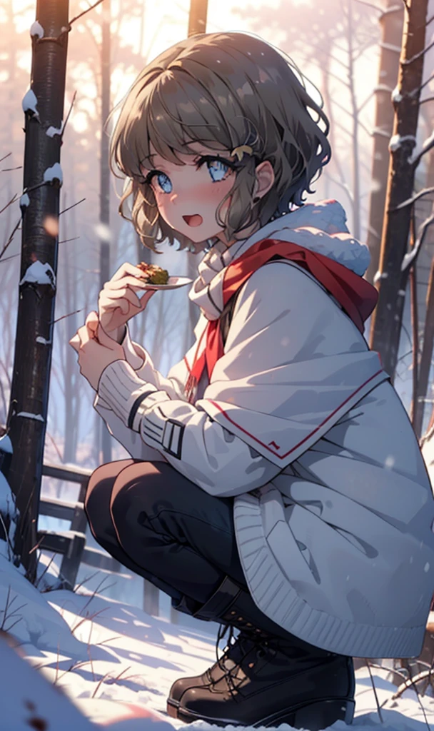 tomoekoga, Chie Koga, short hair, Brown Hair, blue eyes, hair band,smile,blush,White Breath,Medium Chest,
Open your mouth,snow,Ground bonfire, Outdoor, boots, snowing, From the side, wood, suitcase, Cape, Blurred, having meal, forest, White handbag, nature,  Squat, Mouth closed, Cape, winter, Written boundary depth, Black shoes, red Cape break looking at viewer, Upper Body, whole body, break Outdoor, forest, nature, break (masterpiece:1.2), Highest quality, High resolution, unity 8k wallpaper, (shape:0.8), (Beautiful and beautiful eyes:1.6), Highly detailed face, Perfect lighting, Highly detailed CG, (Perfect hands, Perfect Anatomy),