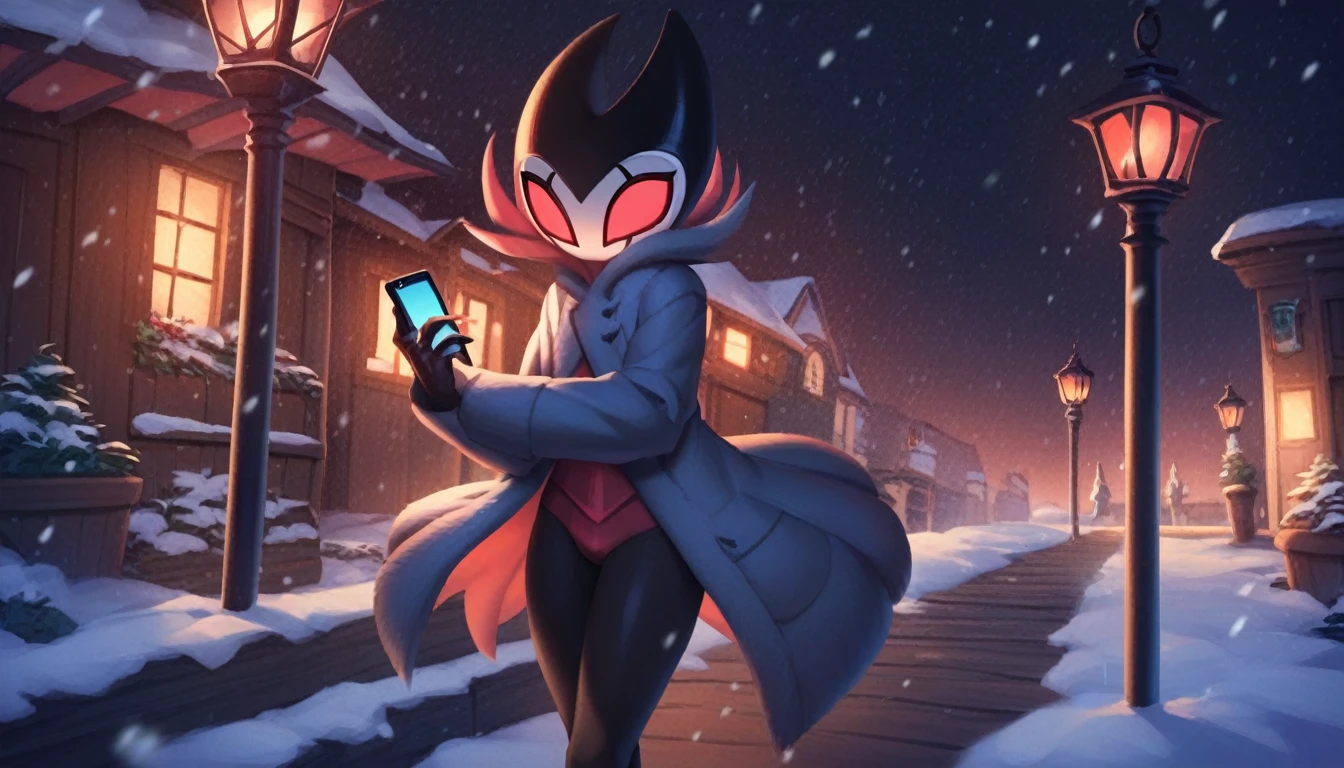 score_9, score_8_up, score_7_up, score_6_up, zPDXL2, grimm \(hollow knight\), vampire, bat, 1boy, solo, cute face, detailed eyes, anthro, clothed, landscape, highlight thighs, It's snowing outside, it's night, a lamp is on nearby, outdoor, winter coat, smiling, in a train station, with a cell phone in hand