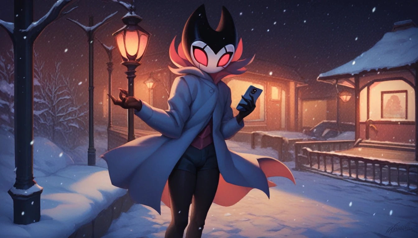 score_9, score_8_up, score_7_up, score_6_up, zPDXL2, grimm \(hollow knight\), vampire, bat, 1boy, solo, cute face, detailed eyes, anthro, clothed, landscape, highlight thighs, It's snowing outside, it's night, a lamp is on nearby, outdoor, winter coat, smiling, in a train station, with a cell phone in hand