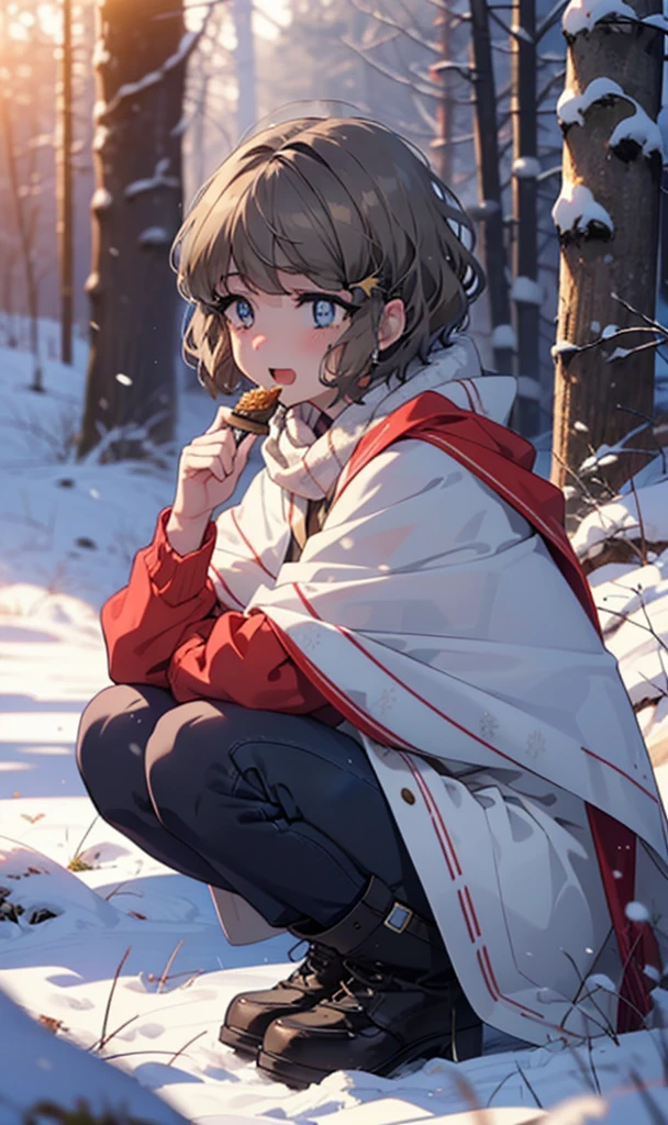 tomoekoga, Chie Koga, short hair, Brown Hair, blue eyes, hair band,smile,blush,White Breath,Medium Chest,
Open your mouth,snow,Ground bonfire, Outdoor, boots, snowing, From the side, wood, suitcase, Cape, Blurred, having meal, forest, White handbag, nature,  Squat, Mouth closed, Cape, winter, Written boundary depth, Black shoes, red Cape break looking at viewer, Upper Body, whole body, break Outdoor, forest, nature, break (masterpiece:1.2), Highest quality, High resolution, unity 8k wallpaper, (shape:0.8), (Beautiful and beautiful eyes:1.6), Highly detailed face, Perfect lighting, Highly detailed CG, (Perfect hands, Perfect Anatomy),