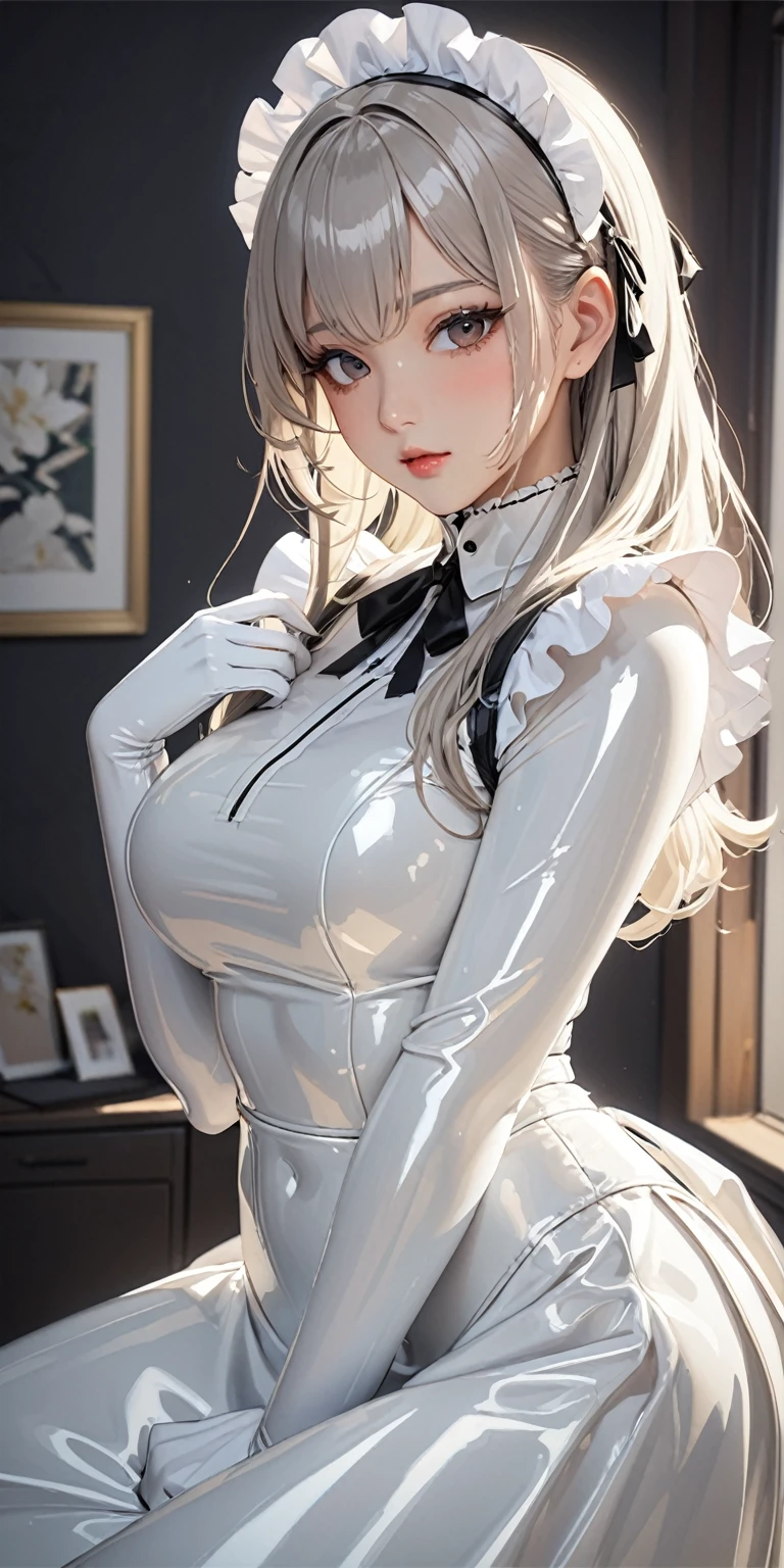 Portraiture、(masterpiece,Highest quality,Ultra-high resolution),Japanese women, (((Very beautiful 25 year old girl))),(White latex maid outfit)、((White latex long skirt))、(A long-sleeved latex shirt that covers the upper body)、White latex gloves、White latex socks、White latex bodysuit、Frills、The clothes fit snugly to the body、Latex is very shiny、Dark Room、