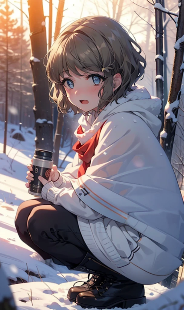 tomoekoga, Chie Koga, short hair, Brown Hair, blue eyes, hair band,smile,blush,White Breath,Medium Chest,
Open your mouth,snow,Ground bonfire, Outdoor, boots, snowing, From the side, wood, suitcase, Cape, Blurred, having meal, forest, White handbag, nature,  Squat, Mouth closed, Cape, winter, Written boundary depth, Black shoes, red Cape break looking at viewer, Upper Body, whole body, break Outdoor, forest, nature, break (masterpiece:1.2), Highest quality, High resolution, unity 8k wallpaper, (shape:0.8), (Beautiful and beautiful eyes:1.6), Highly detailed face, Perfect lighting, Highly detailed CG, (Perfect hands, Perfect Anatomy),