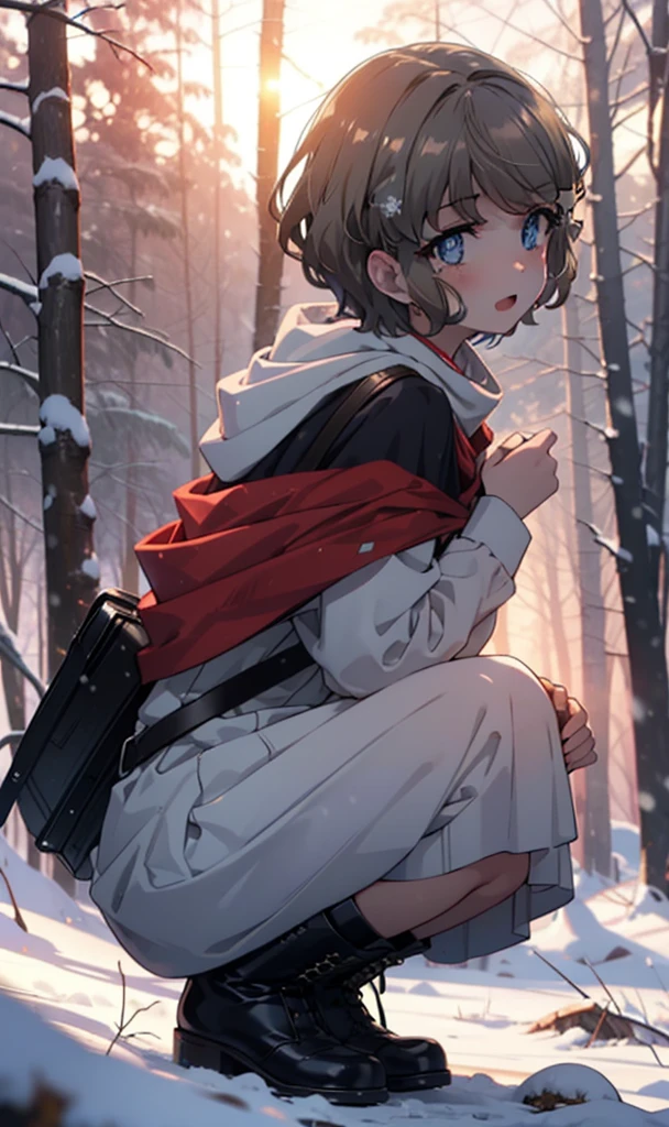 tomoekoga, Chie Koga, short hair, Brown Hair, blue eyes, hair band,smile,blush,White Breath,Medium Chest,
Open your mouth,snow,Ground bonfire, Outdoor, boots, snowing, From the side, wood, suitcase, Cape, Blurred, having meal, forest, White handbag, nature,  Squat, Mouth closed, Cape, winter, Written boundary depth, Black shoes, red Cape break looking at viewer, Upper Body, whole body, break Outdoor, forest, nature, break (masterpiece:1.2), Highest quality, High resolution, unity 8k wallpaper, (shape:0.8), (Beautiful and beautiful eyes:1.6), Highly detailed face, Perfect lighting, Highly detailed CG, (Perfect hands, Perfect Anatomy),